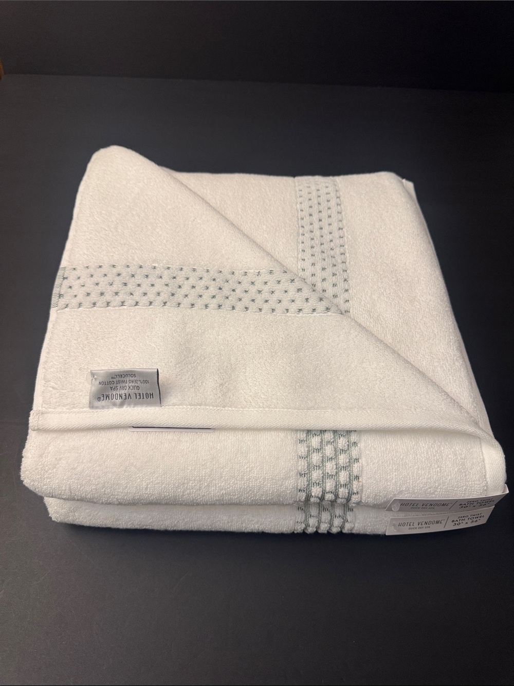 2pc HOTEL VENDOME Quick Dry Spa 100% Zero Twist Cotton Bath Towel Set -Wht/Green